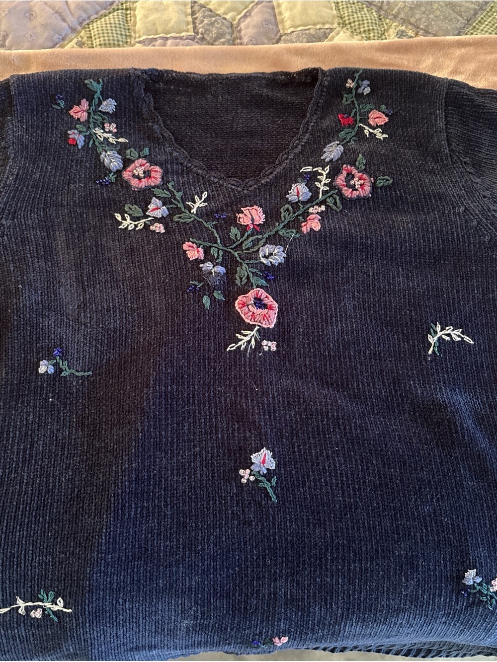 Classic Navy V-Neck Sweater with Pink Floral Embroidery